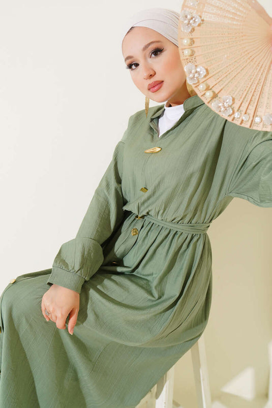 Oval Düğmeli Elbise Çağla Yeşili