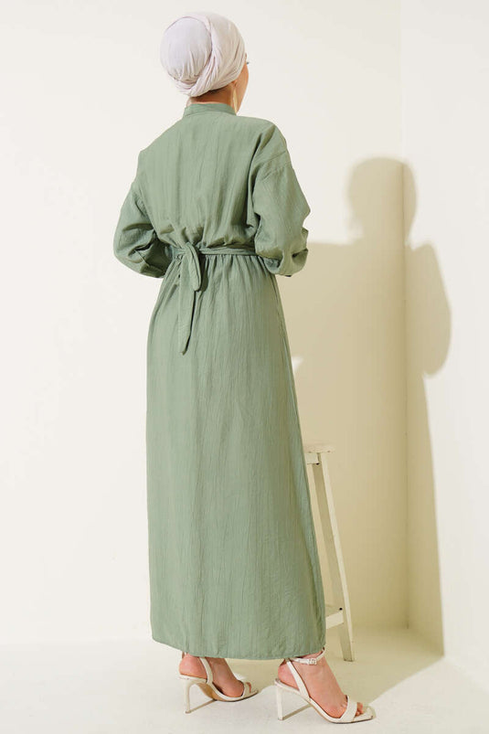Oval Düğmeli Elbise Çağla Yeşili
