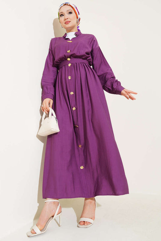 Oval Düğmeli Elbise Mor