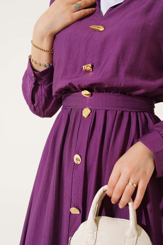 Oval Düğmeli Elbise Mor