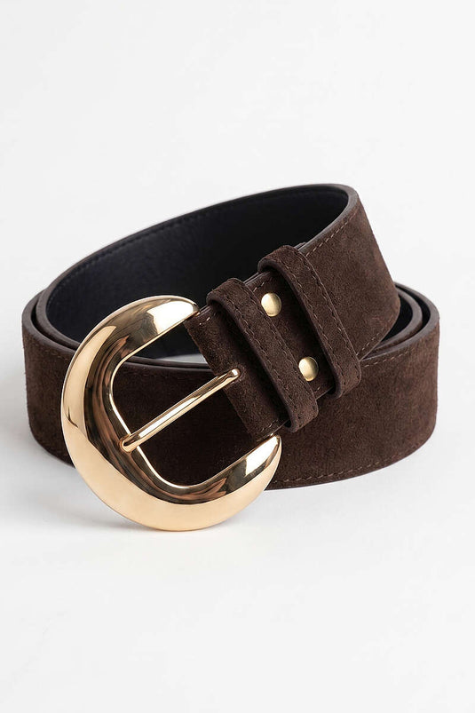 Oval Gold Buckle Belt Brown Suede