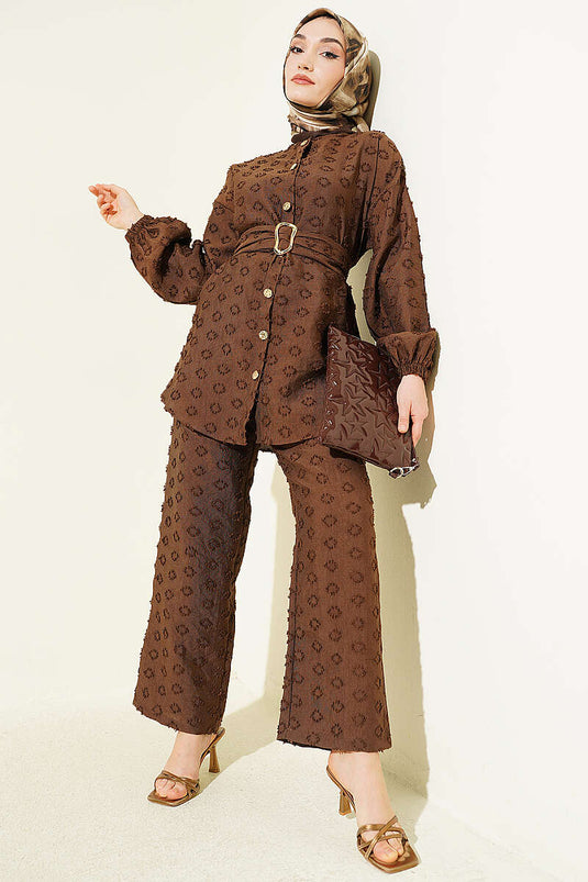 Oval Embossed Belted Two-Piece Set Brown