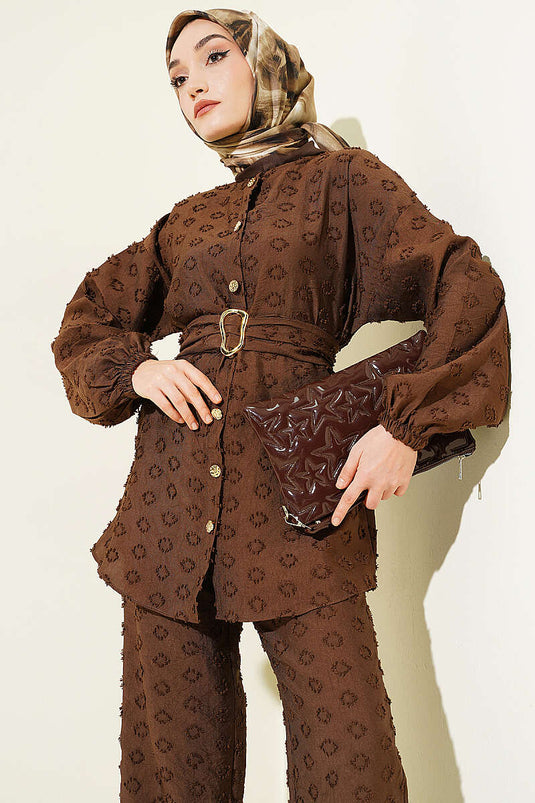 Oval Embossed Belted Two-Piece Set Brown
