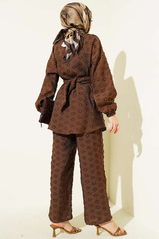 Oval Embossed Belted Two-Piece Set Brown