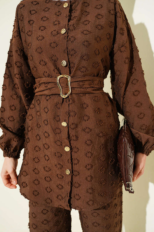 Oval Embossed Belted Two-Piece Set Brown