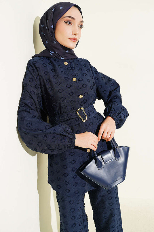 Oval Embossed Belted Two-Piece Set Navy Blue