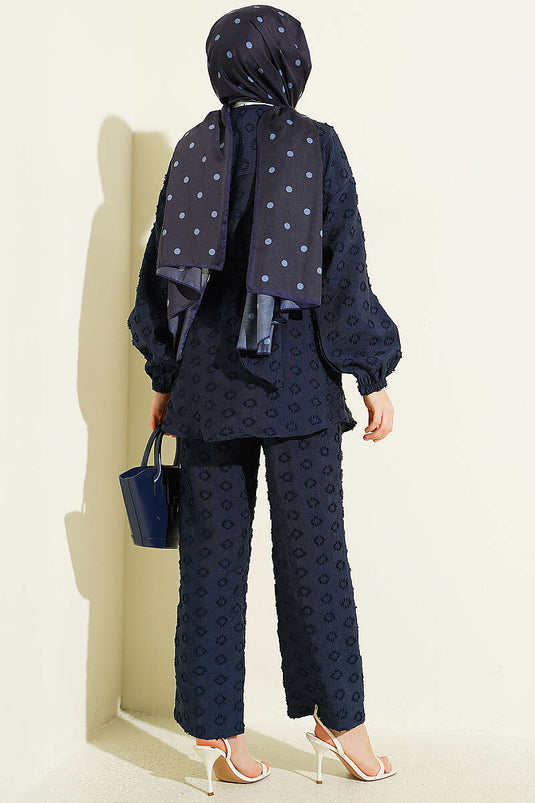 Oval Embossed Belted Two-Piece Set Navy Blue