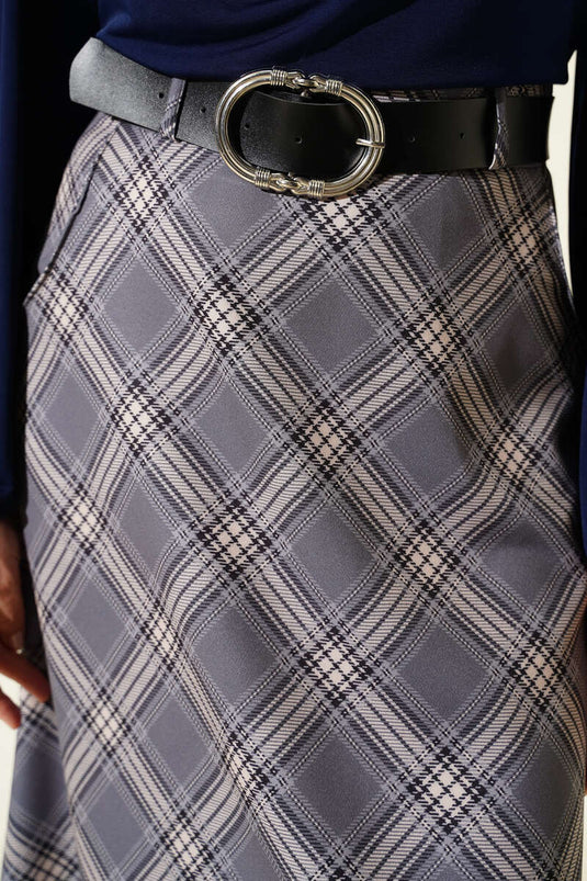 Gonna a quadri grigia con cintura ovale e fibbia