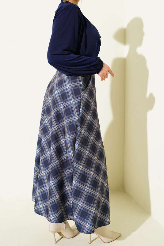 Oval Kemer Tokalı Ekoseli Etek Lacivert