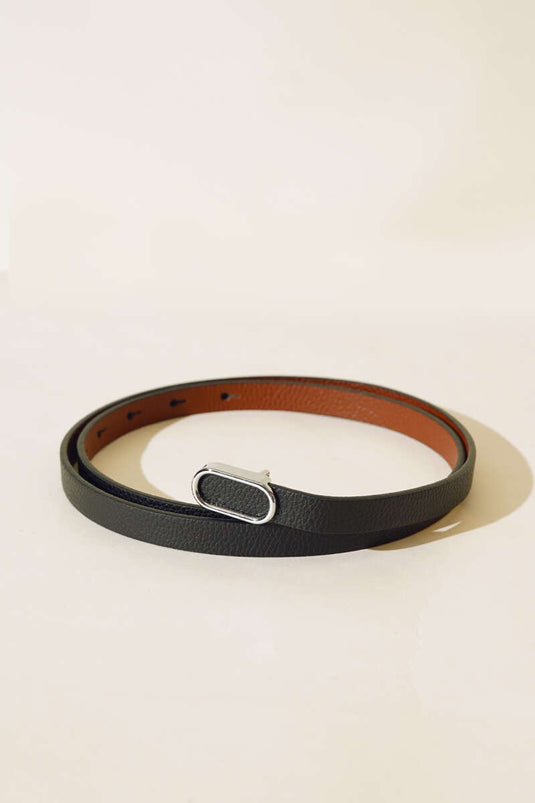 Oval Metal Buckled Thin Belt Black Silver