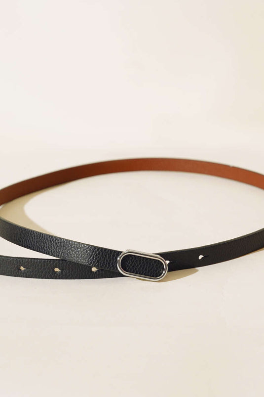 Oval Metal Buckled Thin Belt Black Silver