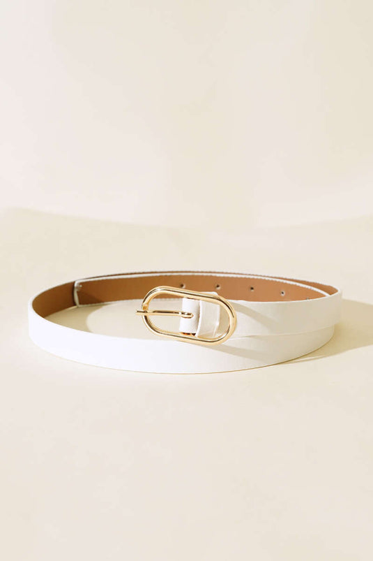 White Thin Belt with Oval Buckle