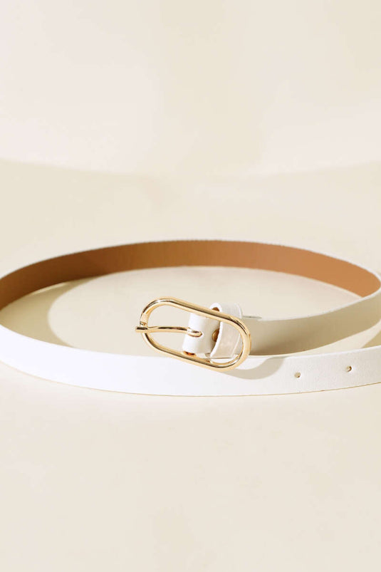 White Thin Belt with Oval Buckle