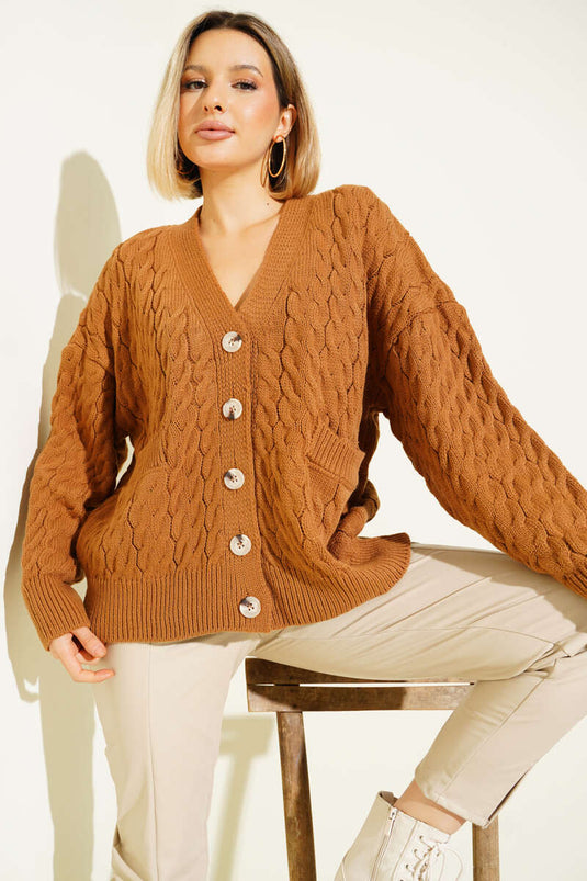 Oversize-Strickjacke mit Taschen, Hellbraun