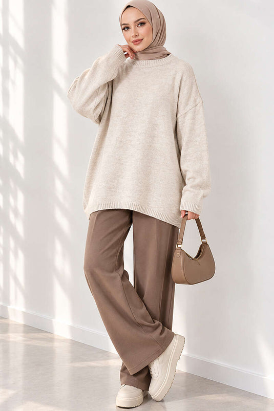 Oversize Düşük Omuz Triko Tunik Bej