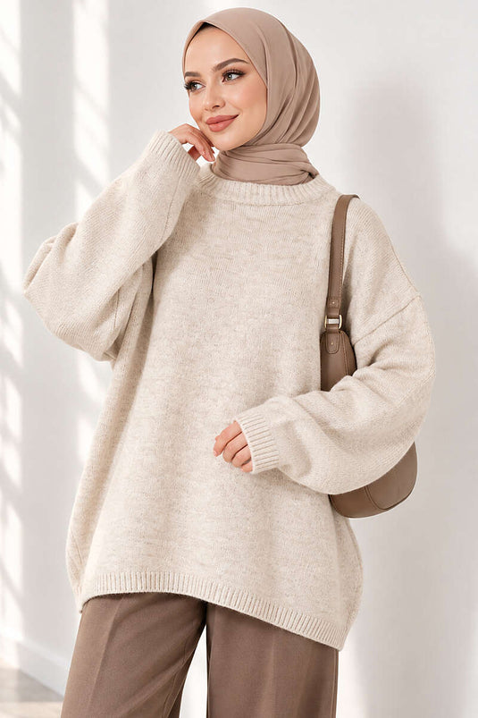 Oversize Düşük Omuz Triko Tunik Bej