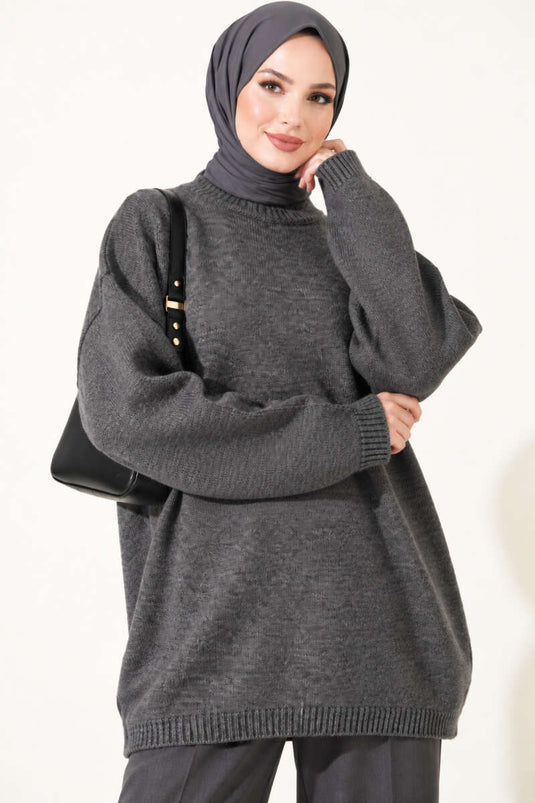 Oversize Düşük Omuz Triko Tunik Füme