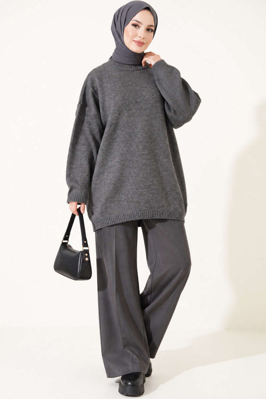 Oversize Düşük Omuz Triko Tunik Füme