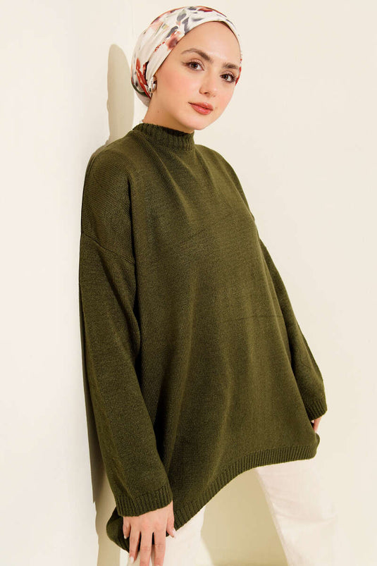 Oversize Düşük Omuz Triko Tunik Haki