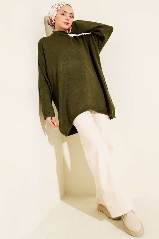 Oversize Düşük Omuz Triko Tunik Haki