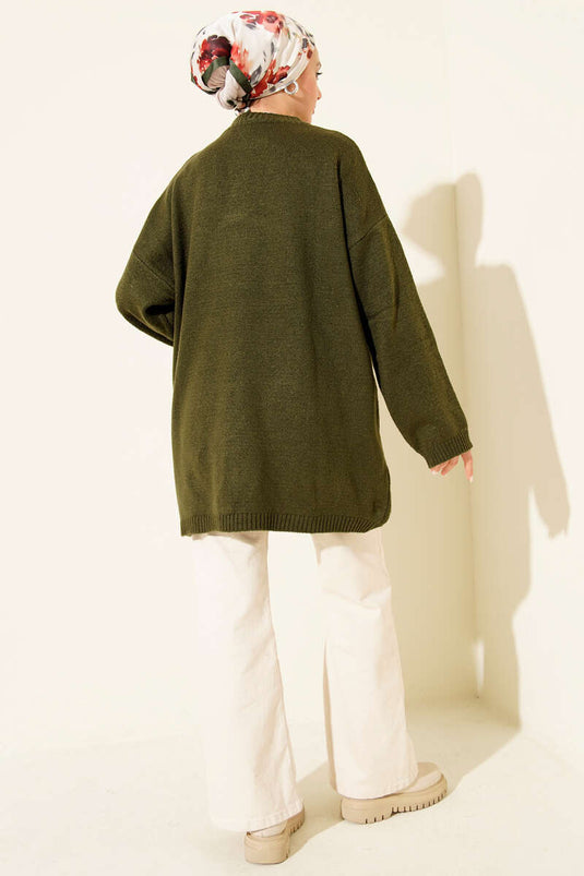 Oversize Düşük Omuz Triko Tunik Haki