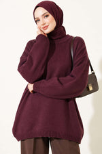 Oversize Düşük Omuz Triko Tunik Mürdüm