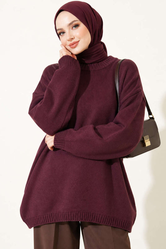 Oversize Düşük Omuz Triko Tunik Mürdüm
