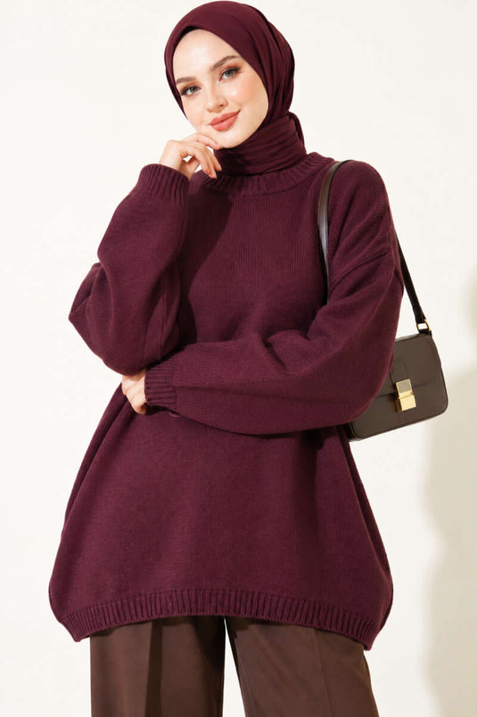 Oversize Düşük Omuz Triko Tunik Mürdüm