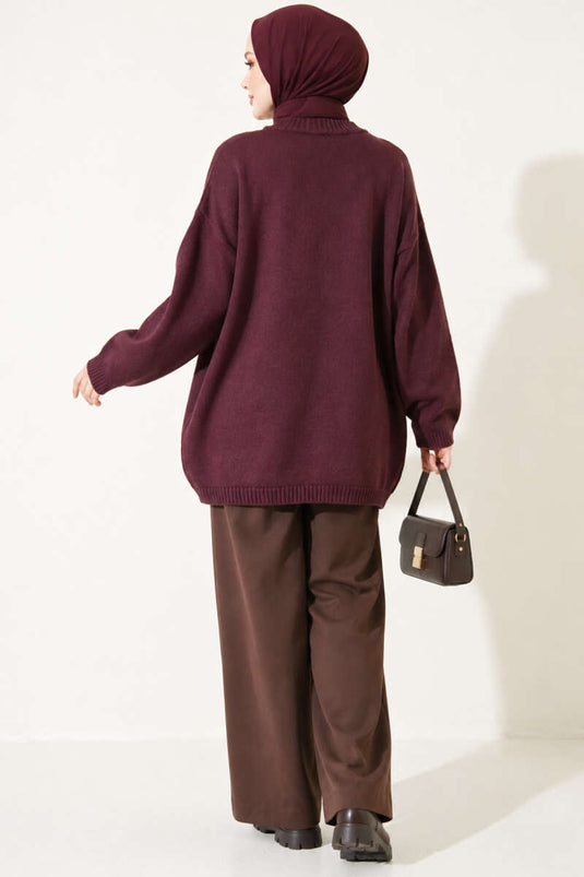 Oversize Düşük Omuz Triko Tunik Mürdüm