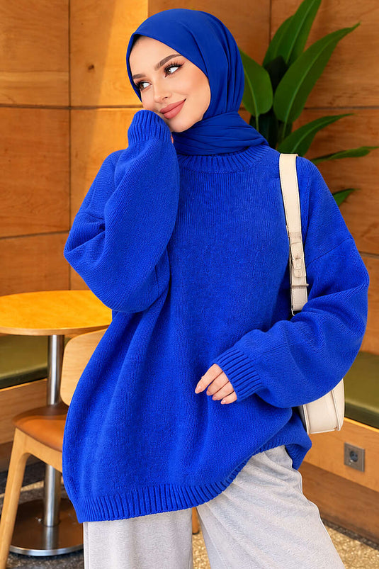Oversize Düşük Omuz Triko Tunik Saks