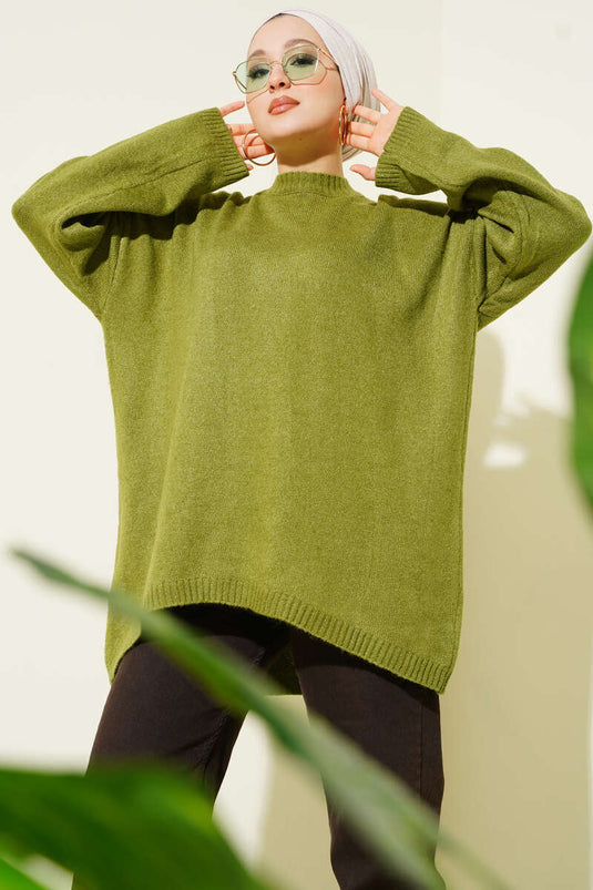 Oversized Stricktunika Mit Tiefem Schulter In Olivgrün