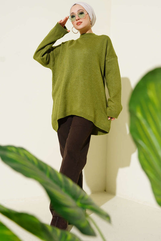 Oversized Stricktunika Mit Tiefem Schulter In Olivgrün