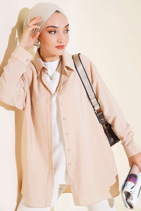 Oversize Neck Buttoned Shirt Beige