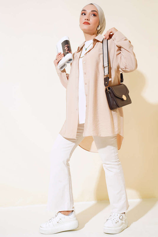 Oversize Neck Buttoned Shirt Beige