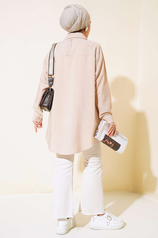 Oversize Neck Buttoned Shirt Beige