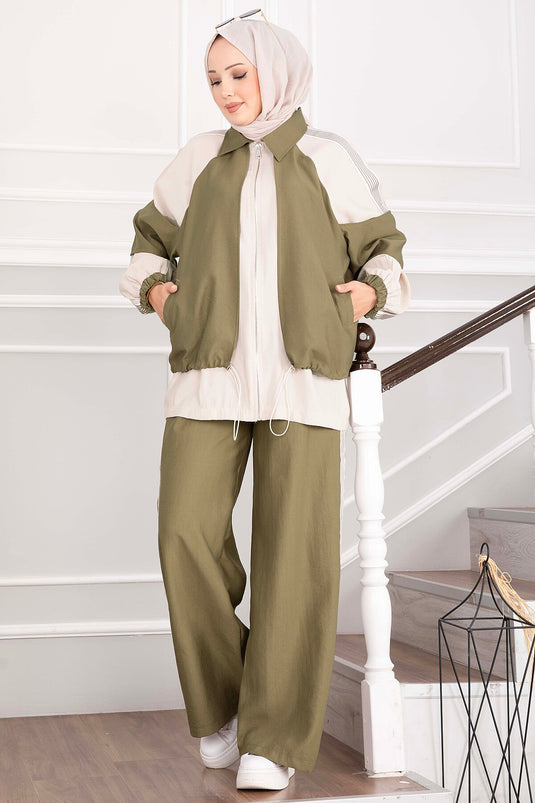Ensemble De Sport Oversize Vert Olive À Fermeture Éclair