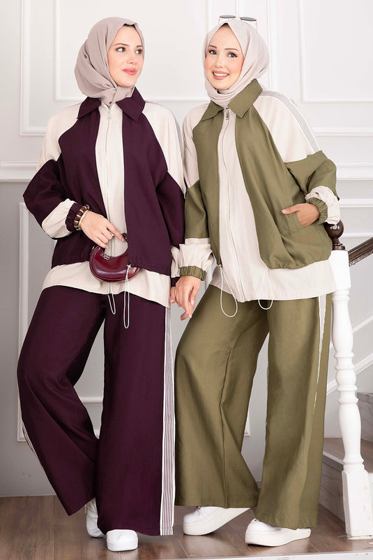 Ensemble De Sport Oversize Vert Olive À Fermeture Éclair