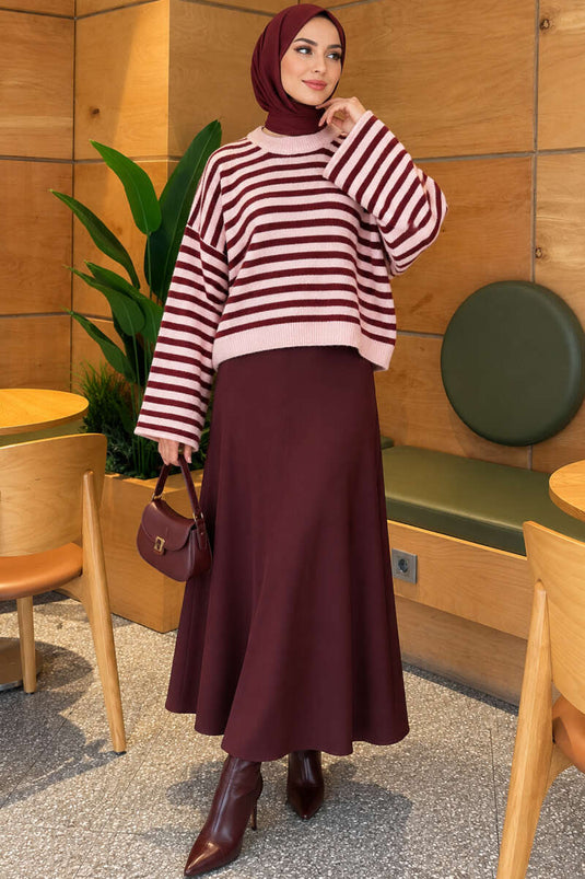 Oversized Thin Striped Knit Sweater Burgundy