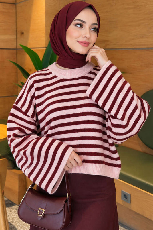 Oversized Thin Striped Knit Sweater Burgundy