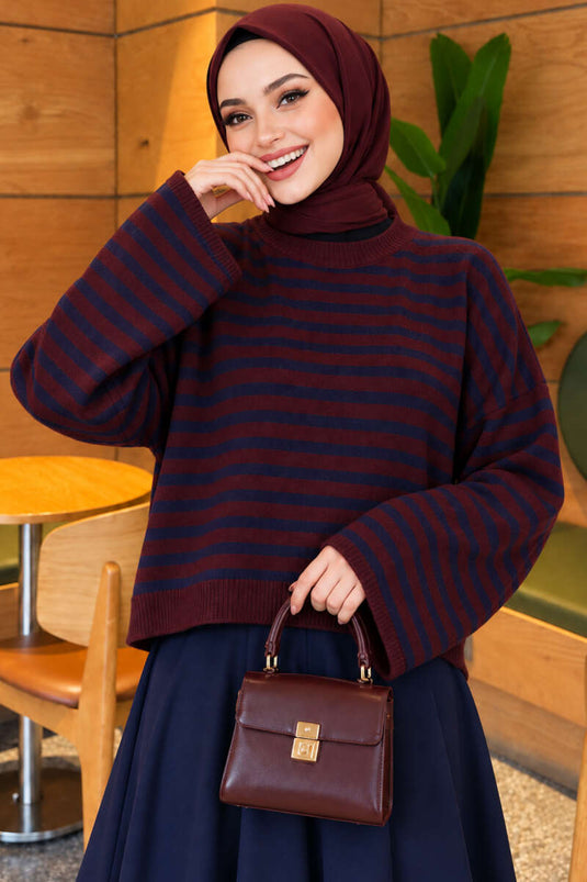Oversized Burgunder Streifen Strickpullover