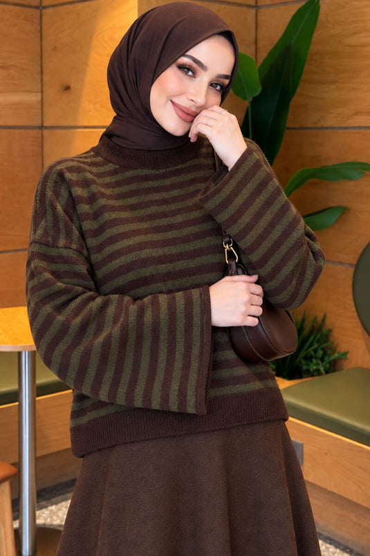 Oversized Thin Striped Knit Sweater Coffee