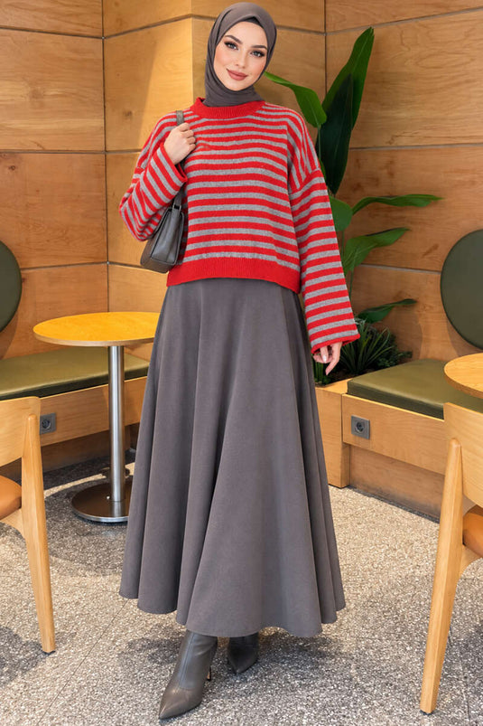 Oversized Dünner Gestreifter Strickpullover Rot