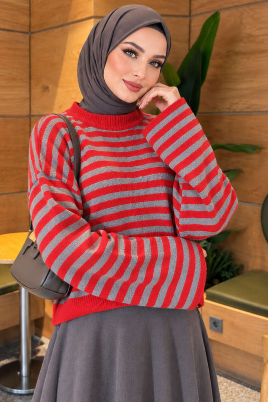 Oversized Dünner Gestreifter Strickpullover Rot