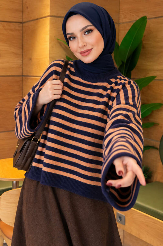 Oversized Thin Striped Knit Sweater Navy