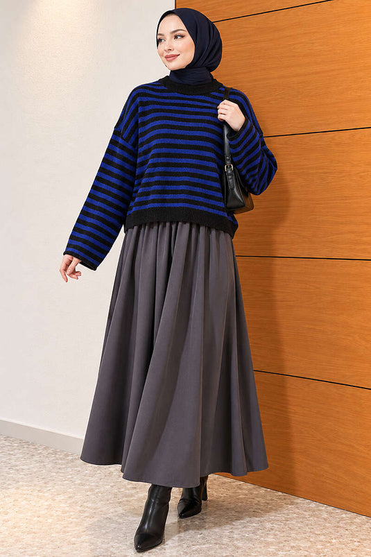 Oversize İnce Çizgili Triko Kazak Saks