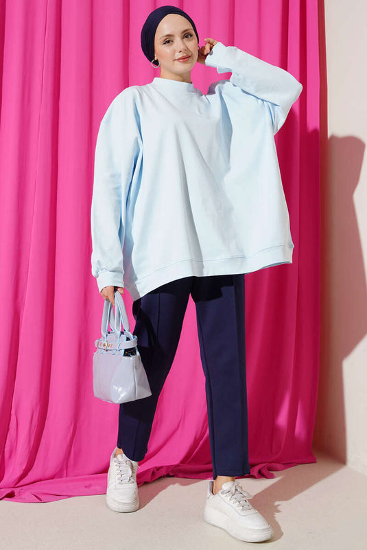 Oversize İnterlok Basic Tunik Buz Mavisi