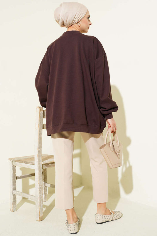 Oversize İnterlok Basic Tunik Kahve