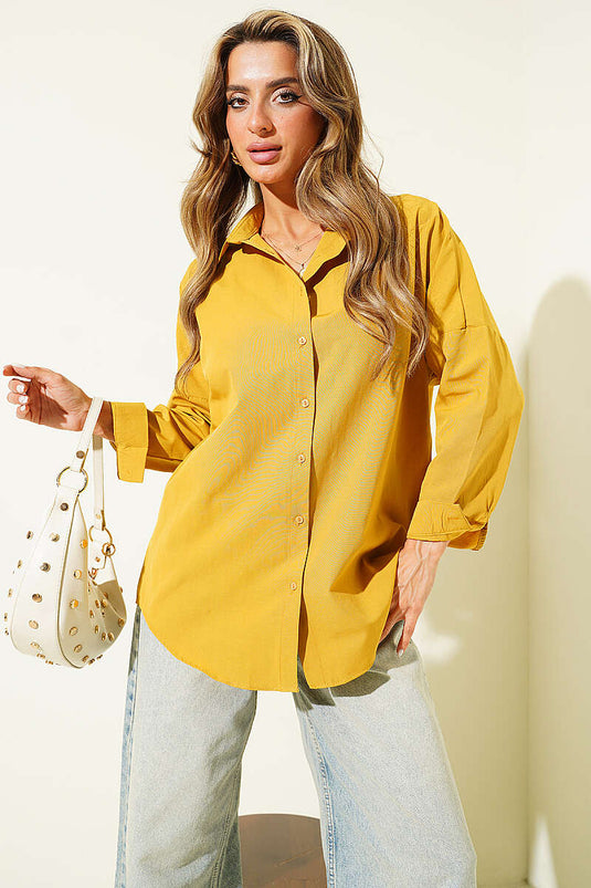 Oversize Kalıp Basic Gömlek Hardal