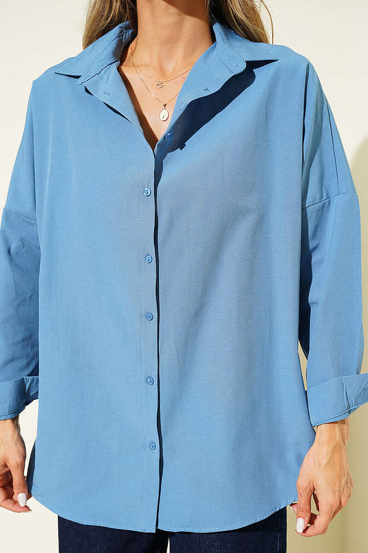 Oversize Kalıp Basic Gömlek İndigo