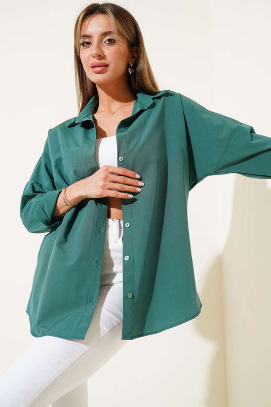 Oversize Kalıp Basic Gömlek Zümrüt